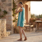 Pine Green Cotton Linen Wavy Stripe Short Shift Dress