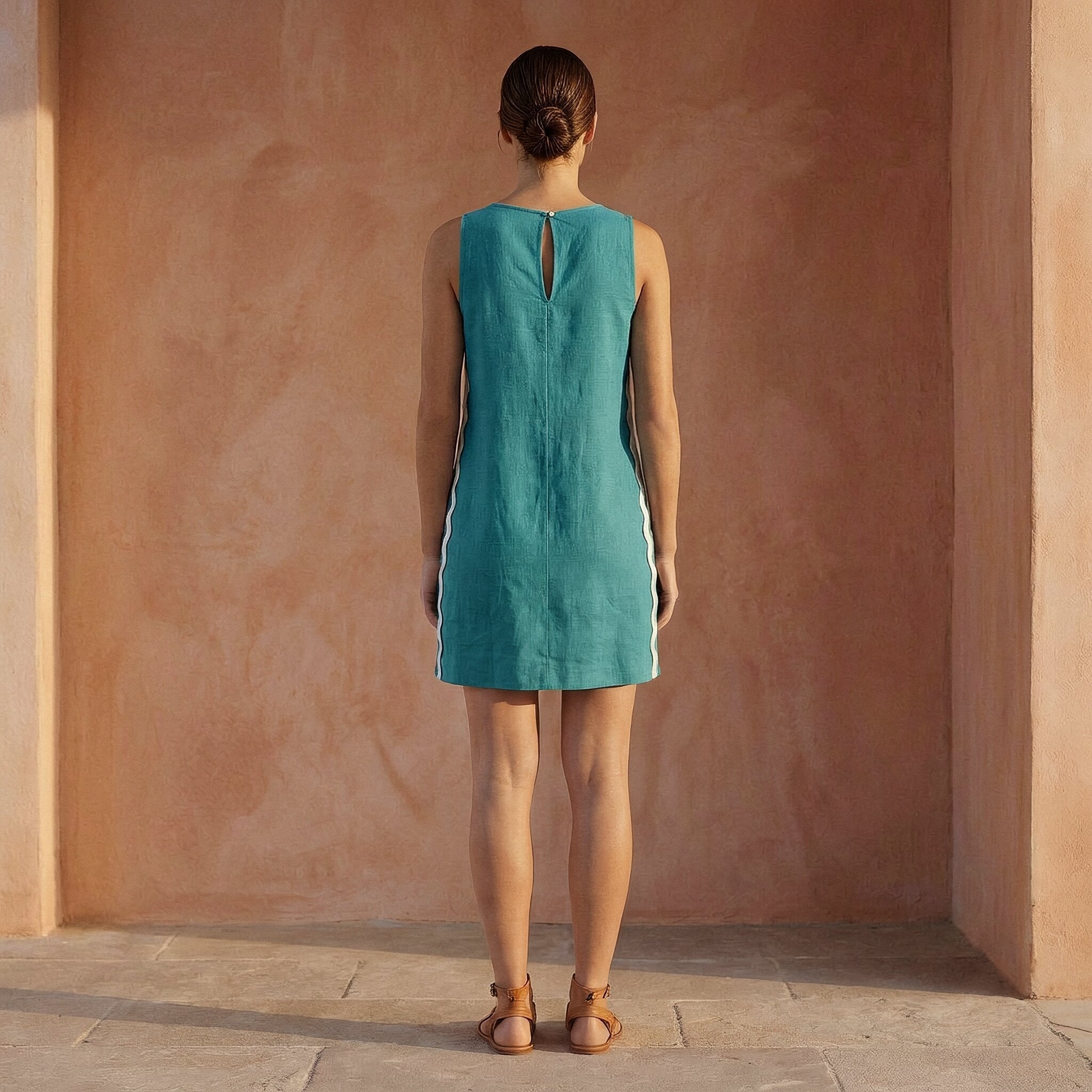 Pine Green Cotton Linen Wavy Stripe Short Shift Dress