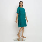 Pine Green Cotton Linen Yoked Knee Length Shift Dress