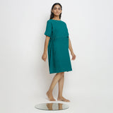 Pine Green Cotton Linen Yoked Knee Length Shift Dress