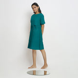 Pine Green Cotton Linen Yoked Knee Length Shift Dress