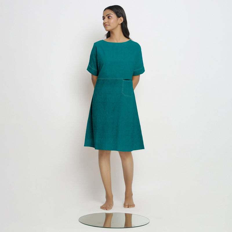 Pine Green Cotton Linen Yoked Knee Length Shift Dress