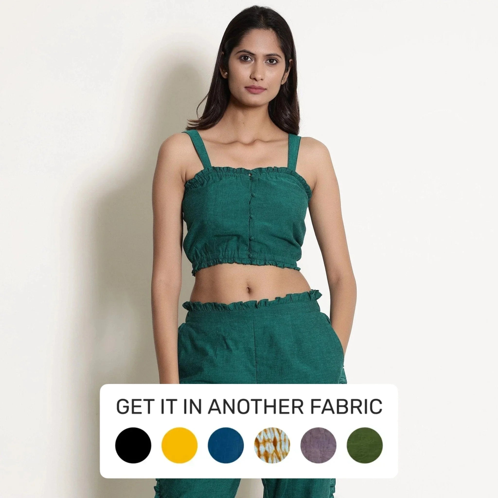 Front View of a Model wearing Pine Green Warm 100% Cotton Frilled Bustier Crop Top