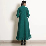 Back View of a Model wearing Pine Green Warm Cotton Frilled Neck Ankle Length Dress