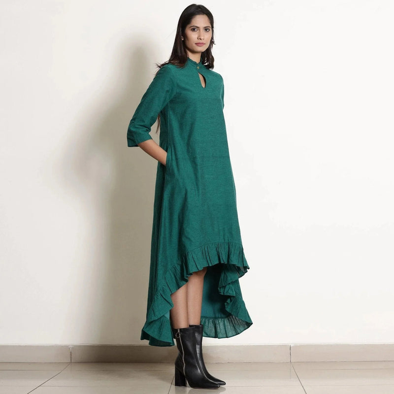 Right View of a Model wearing Pine Green Warm Cotton Frilled Neck Ankle Length Dress