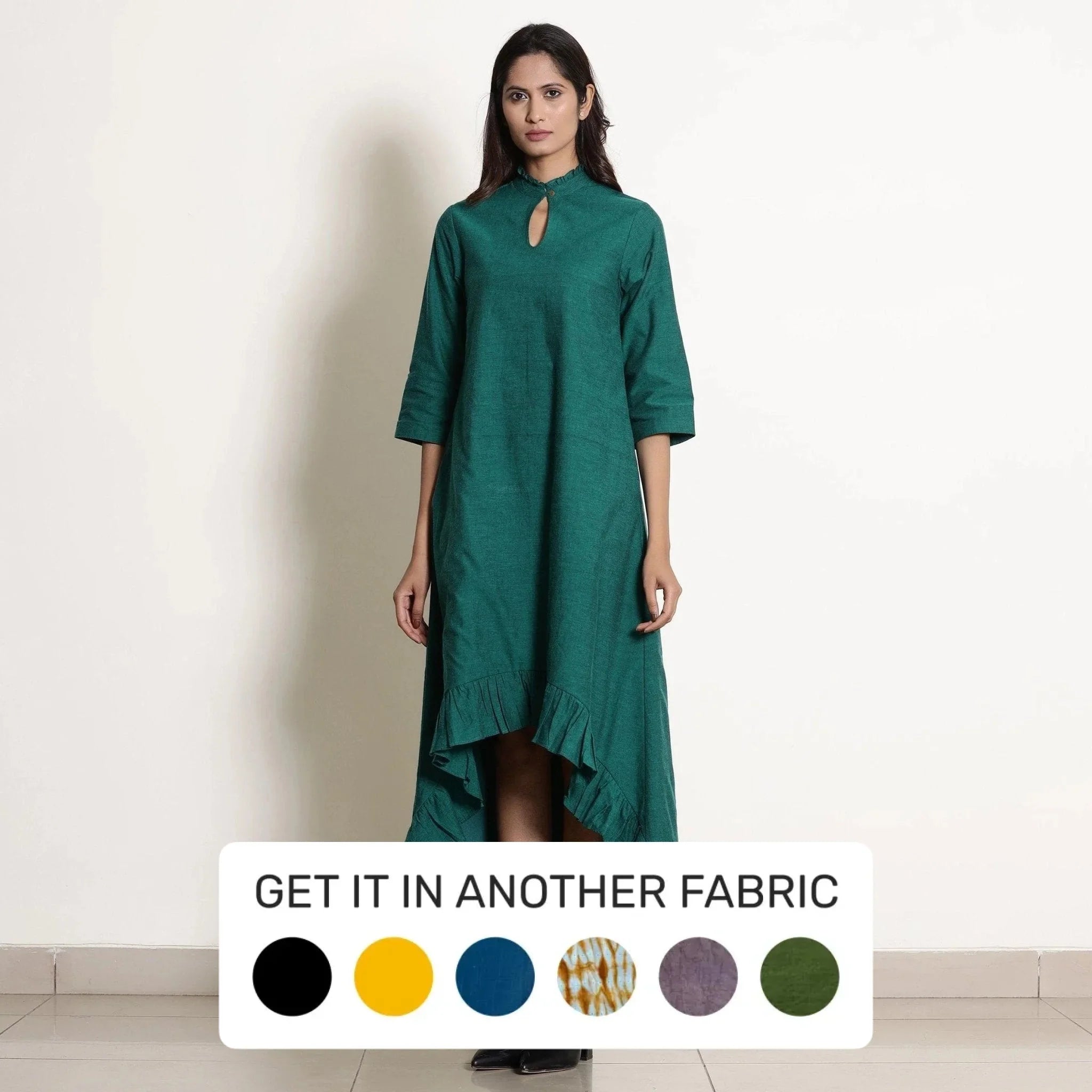 Front View of a Model wearing Pine Green Warm Cotton Frilled Neck Ankle Length Dress