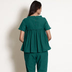 Back View of a Model wearing Pine Green Wine Gathered Frilled Top
