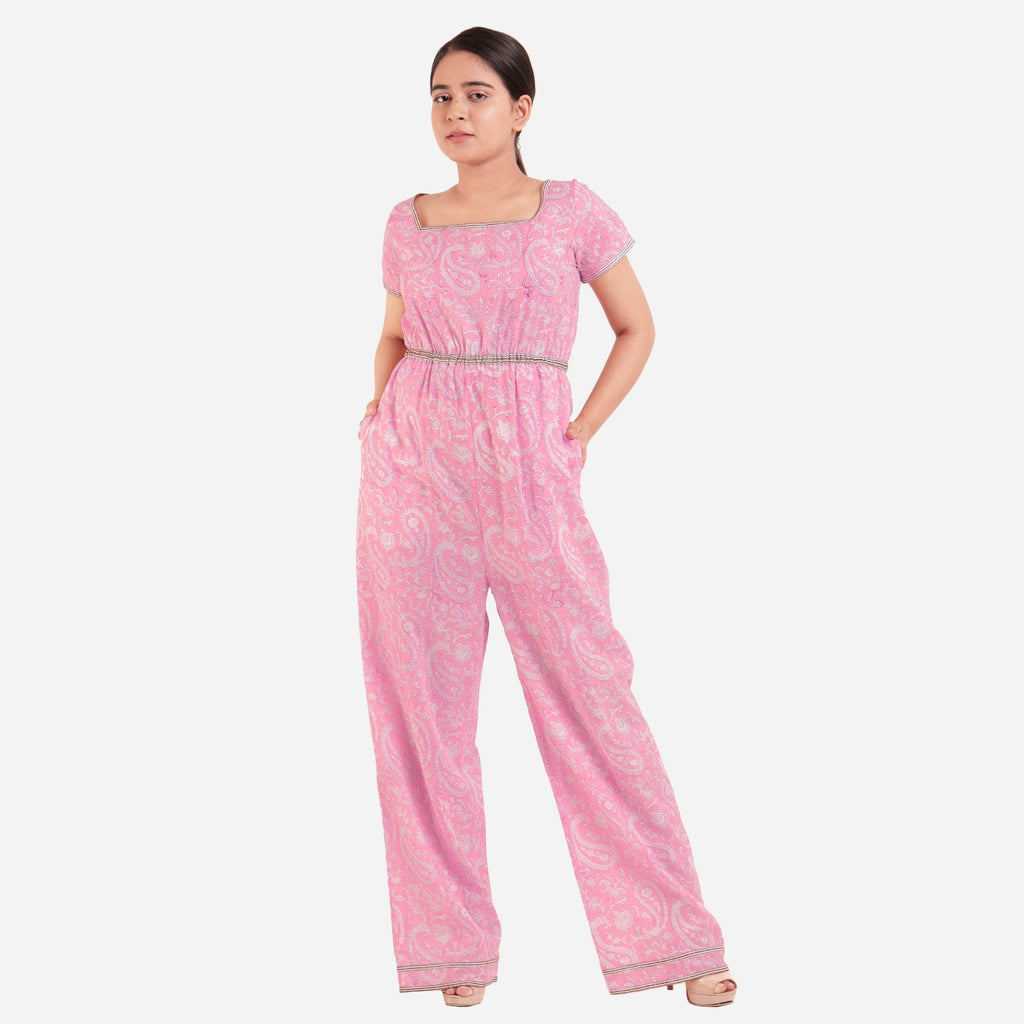 Pink Block Print Floor Length Cotton Jumpsuit