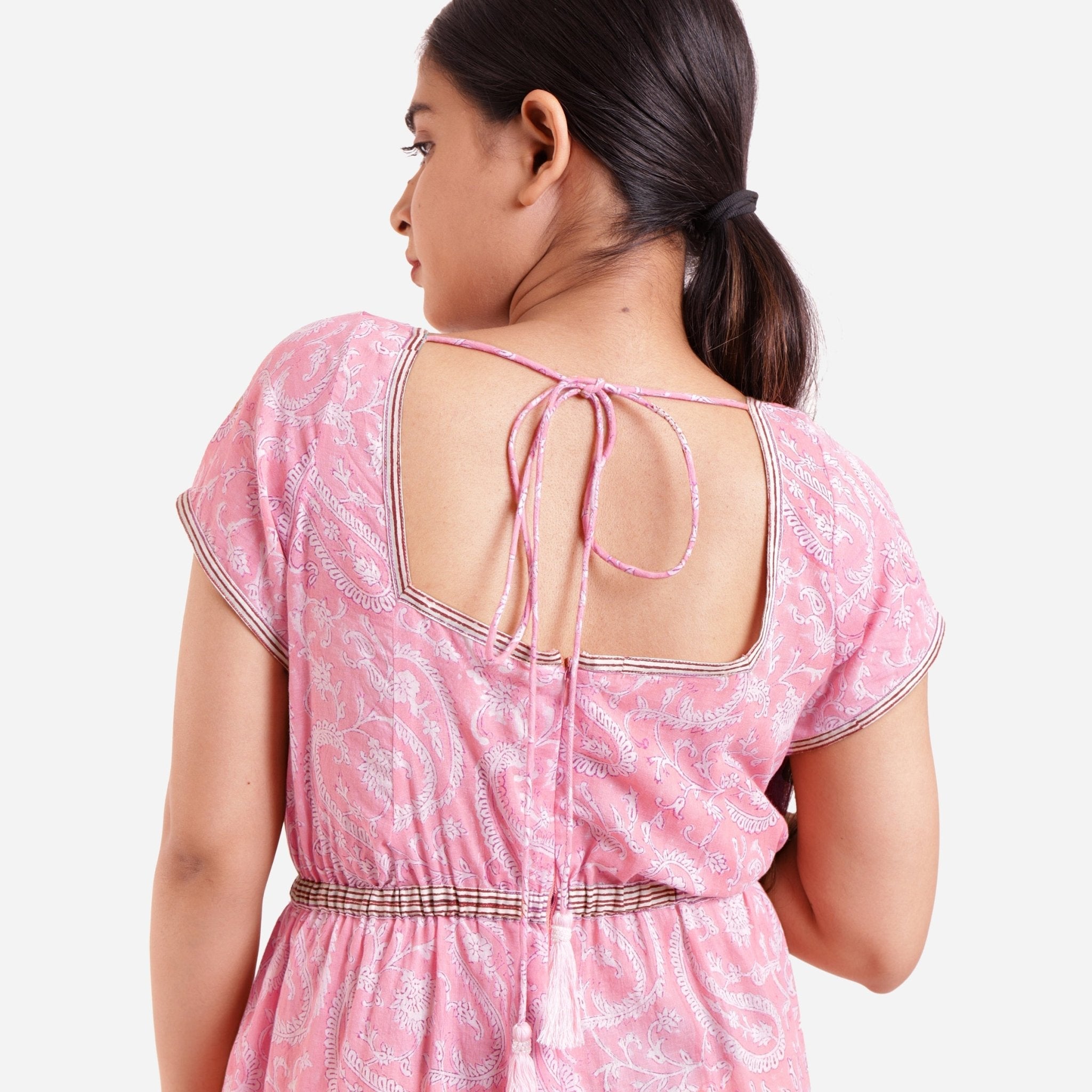 Pink Block Print Floor Length Cotton Jumpsuit