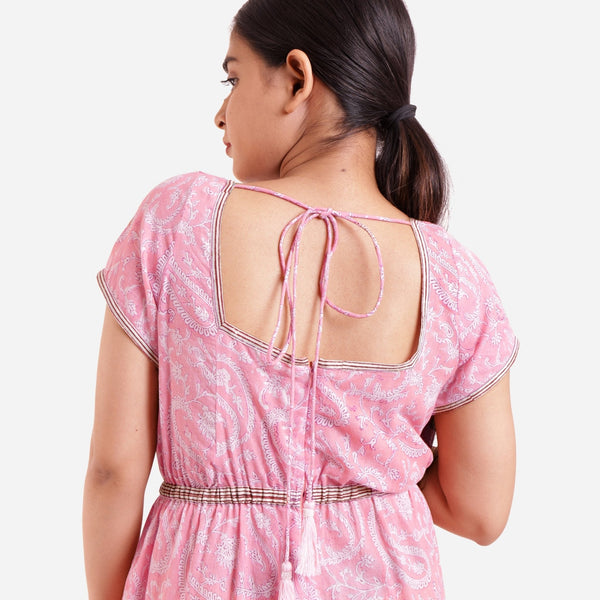 Pink Block Print Floor Length Cotton Jumpsuit