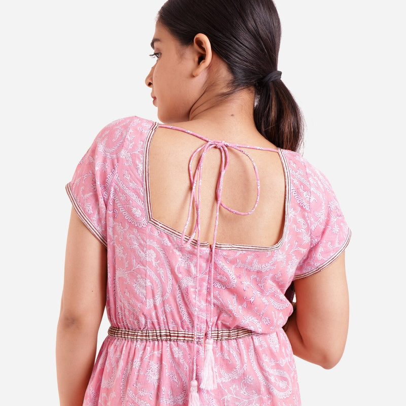 Pink Block Print Floor Length Cotton Jumpsuit