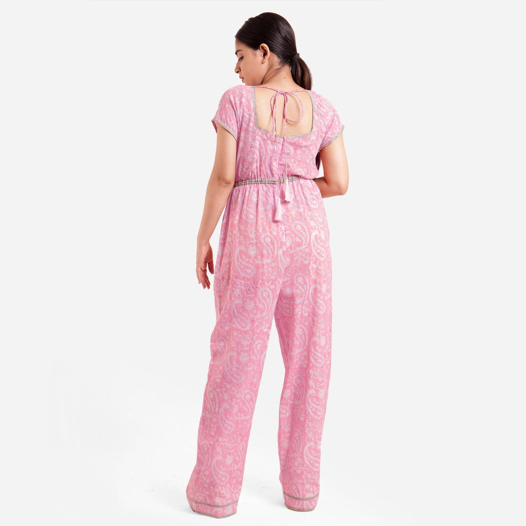 Pink Block Print Floor Length Cotton Jumpsuit