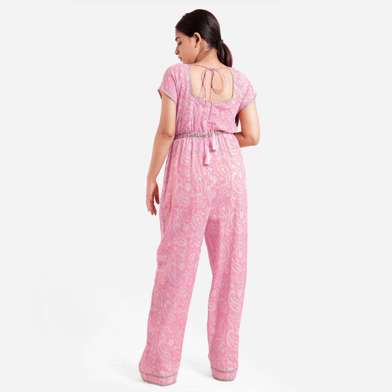 Pink Block Print Floor Length Cotton Jumpsuit