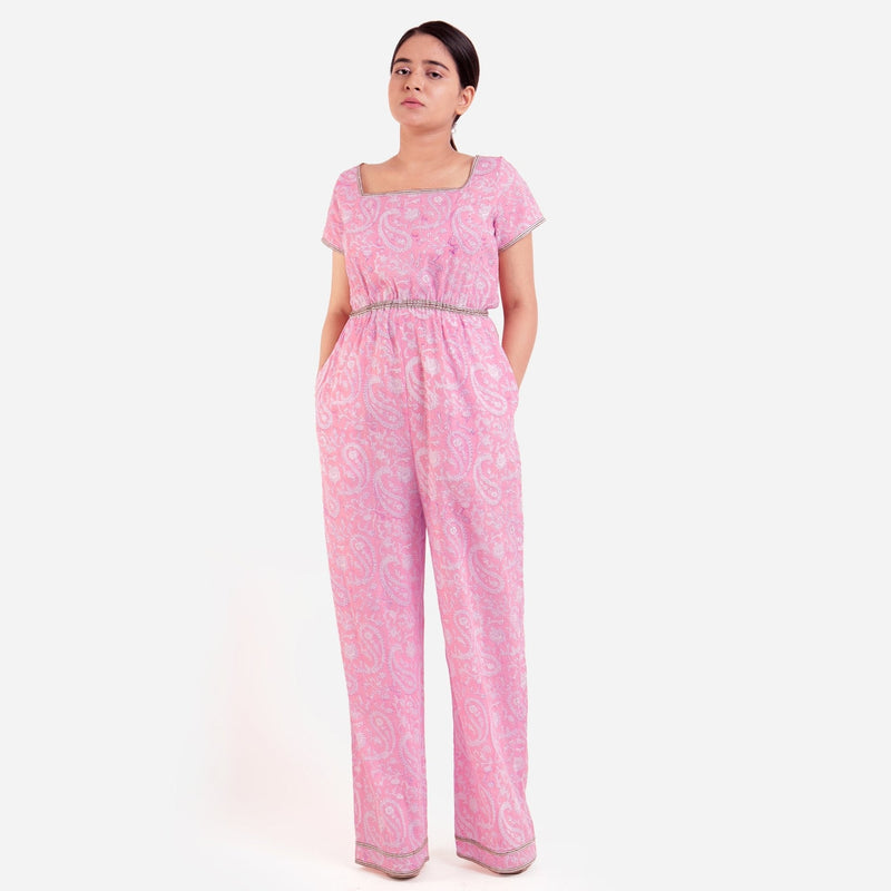 Pink Block Print Floor Length Cotton Jumpsuit