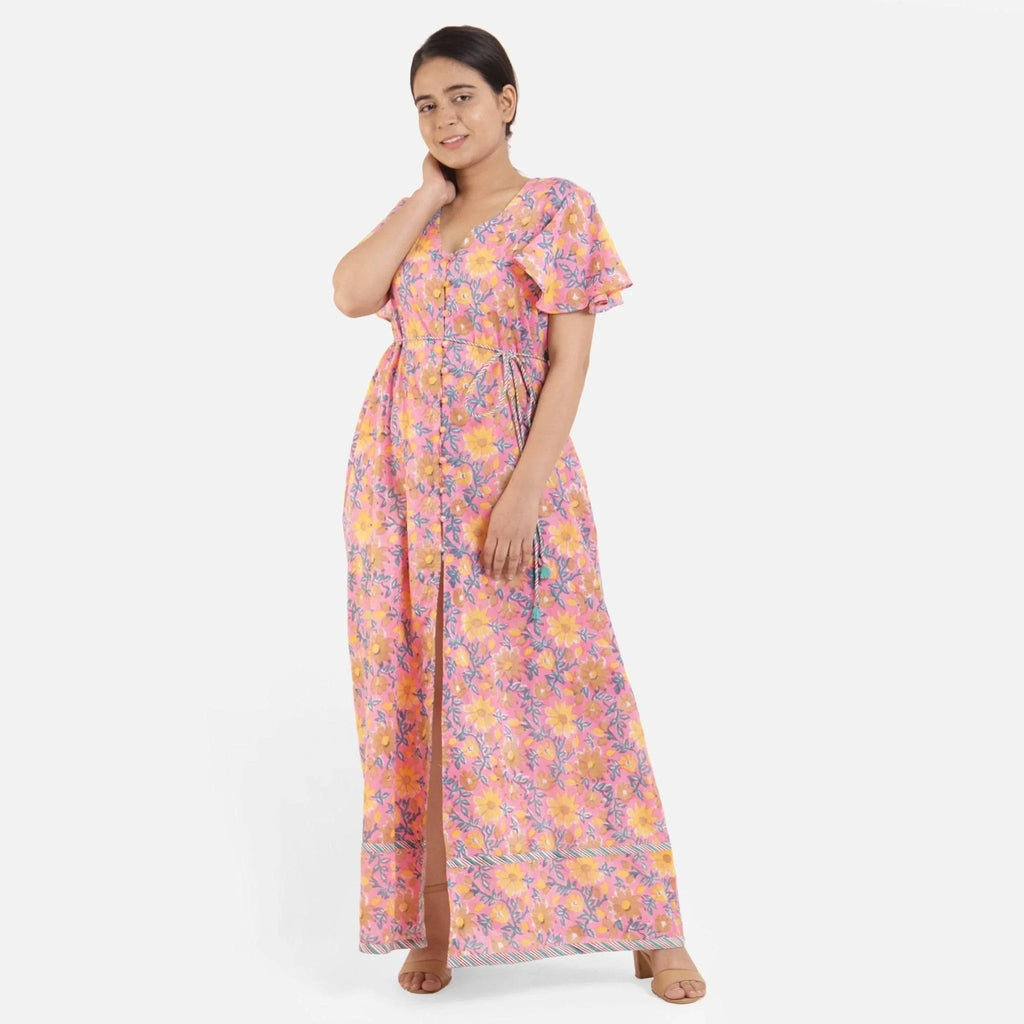 Front View of a Model wearing Pink Deep Neck Fit and Flare Dress