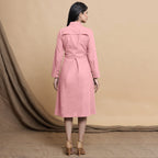 Back View of a Model wearing Pink Button Down Cotton Flax Knee Length Formal Dress