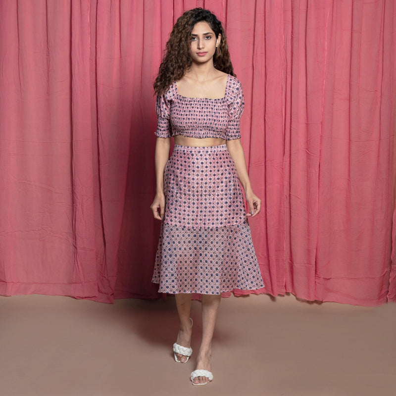 Front View of a Model wearing Pink Chanderi Hand Block Print Peplum Skirt