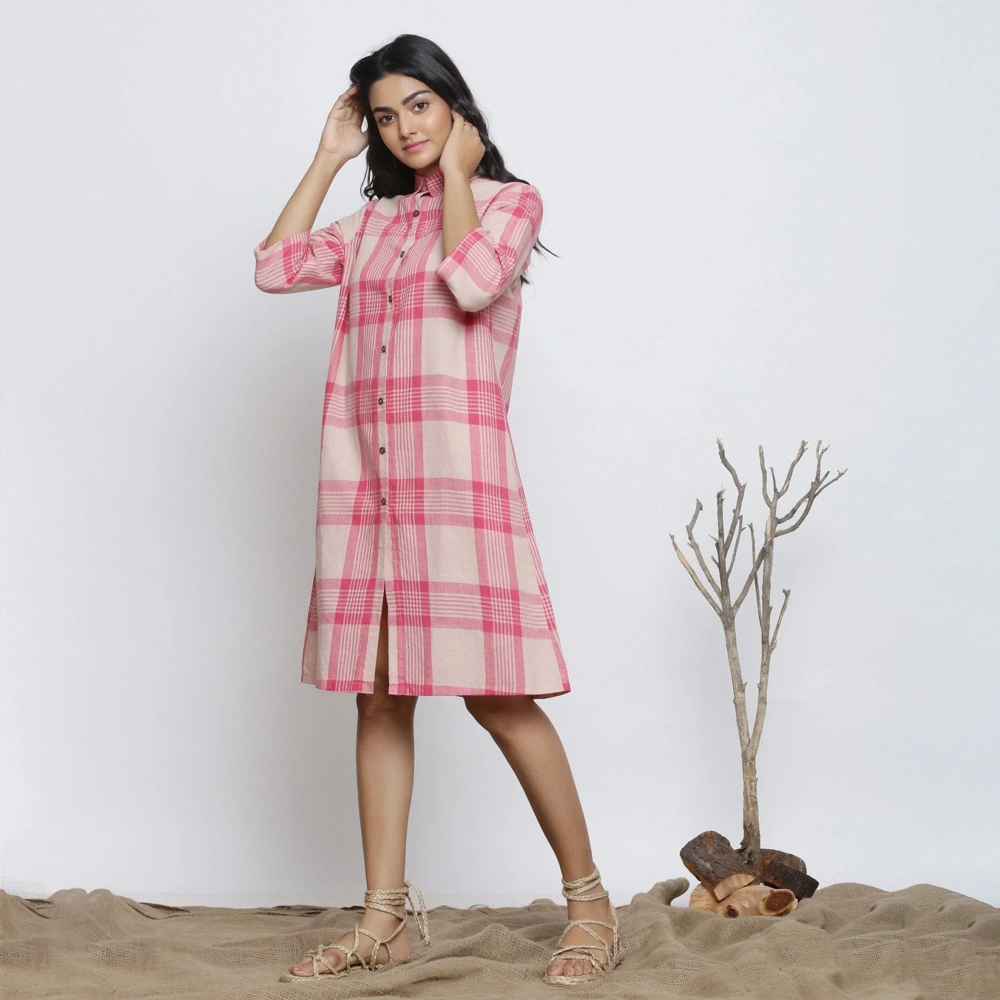 Right View of a Model wearing Fuschia And Peach Handspun Shirt Dress