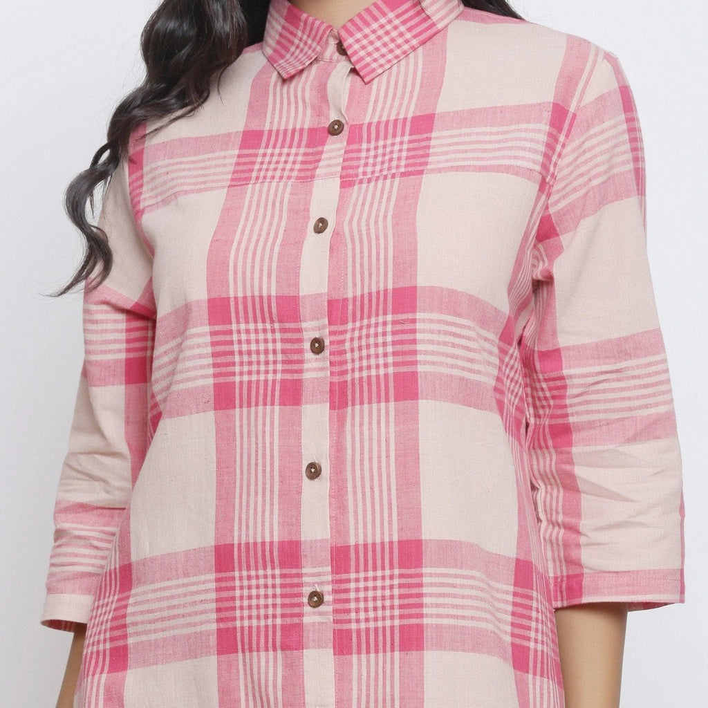 Front Detail of a Model wearing Fuschia And Peach Handspun Shirt Dress