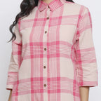 Front Detail of a Model wearing Fuschia And Peach Handspun Shirt Dress