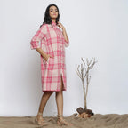 Right View of a Model wearing Fuschia And Peach Handspun Shirt Dress