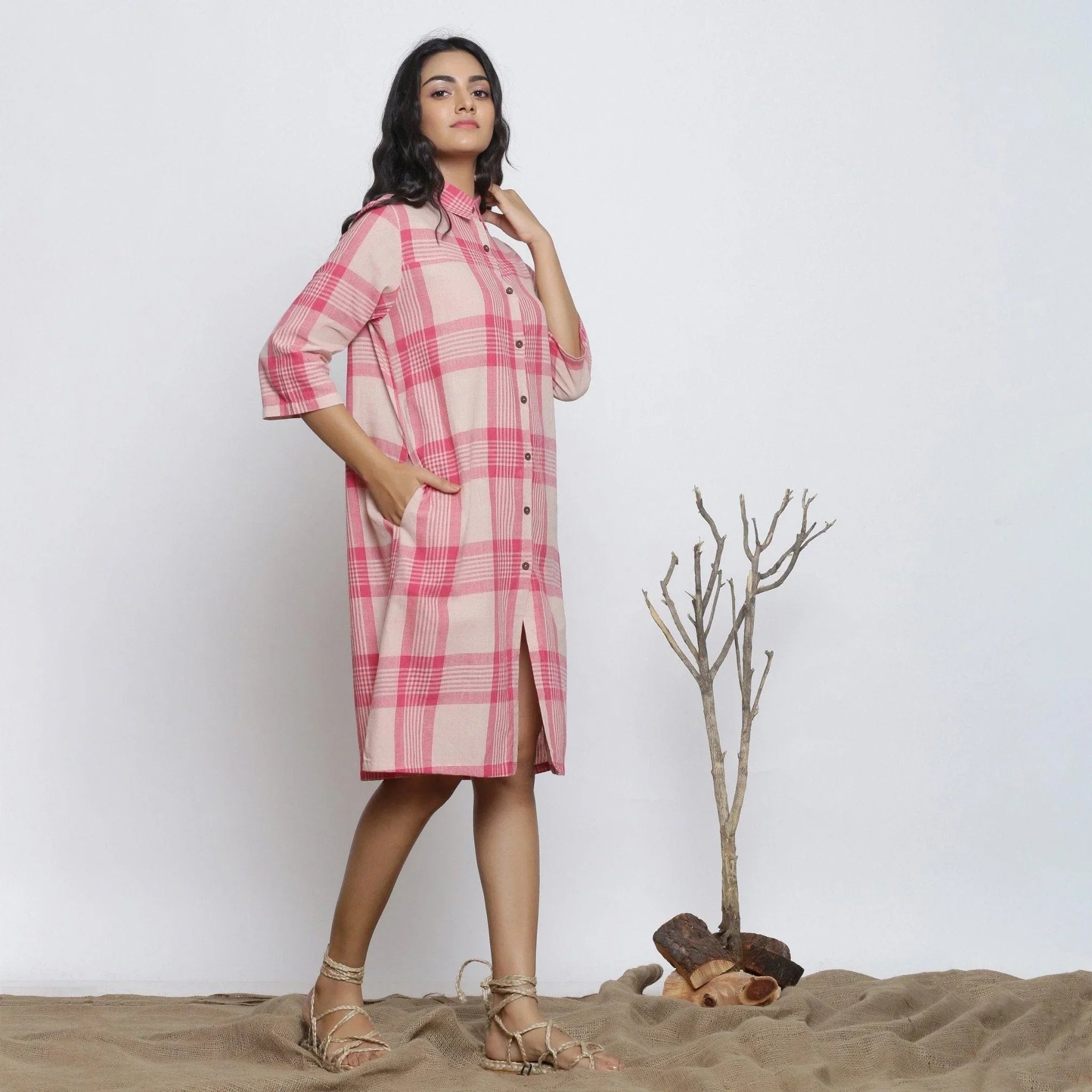 Right View of a Model wearing Fuschia And Peach Handspun Shirt Dress