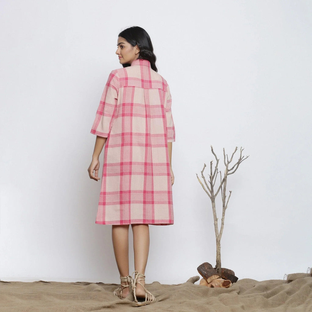 Back View of a Model wearing Fuschia And Peach Handspun Shirt Dress