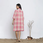Back View of a Model wearing Fuschia And Peach Handspun Shirt Dress