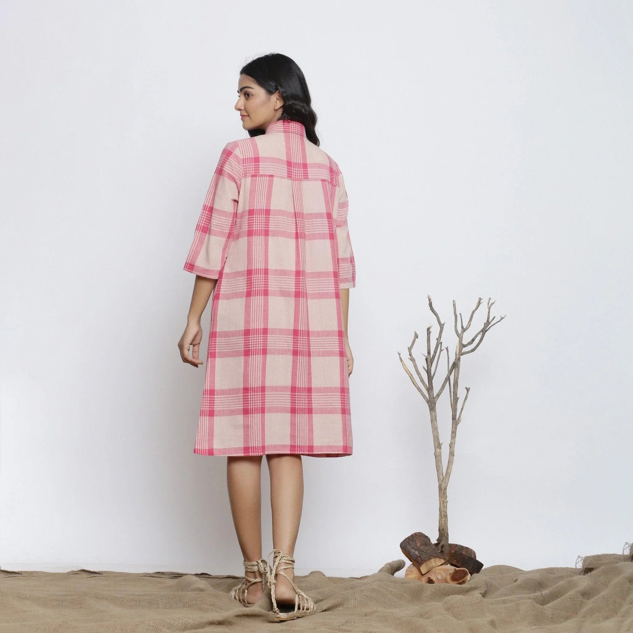 Back View of a Model wearing Fuschia And Peach Handspun Shirt Dress
