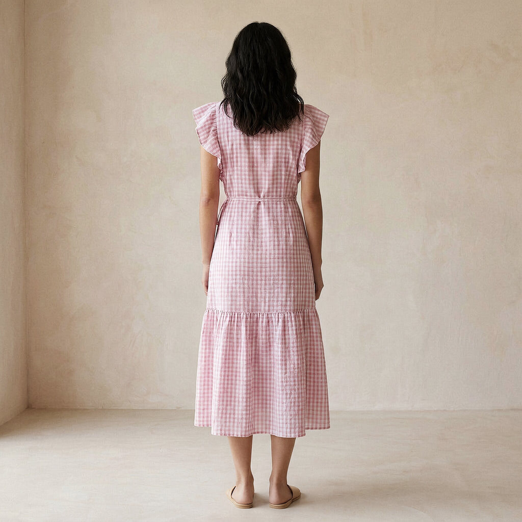 Pink Checks Block Print Cotton Ruffle Midi Wrap Dress