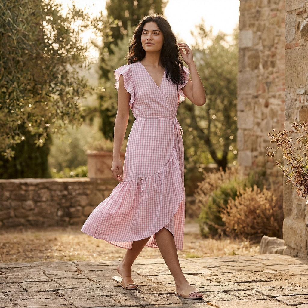 Pink Checks Block Print Cotton Ruffle Midi Wrap Dress