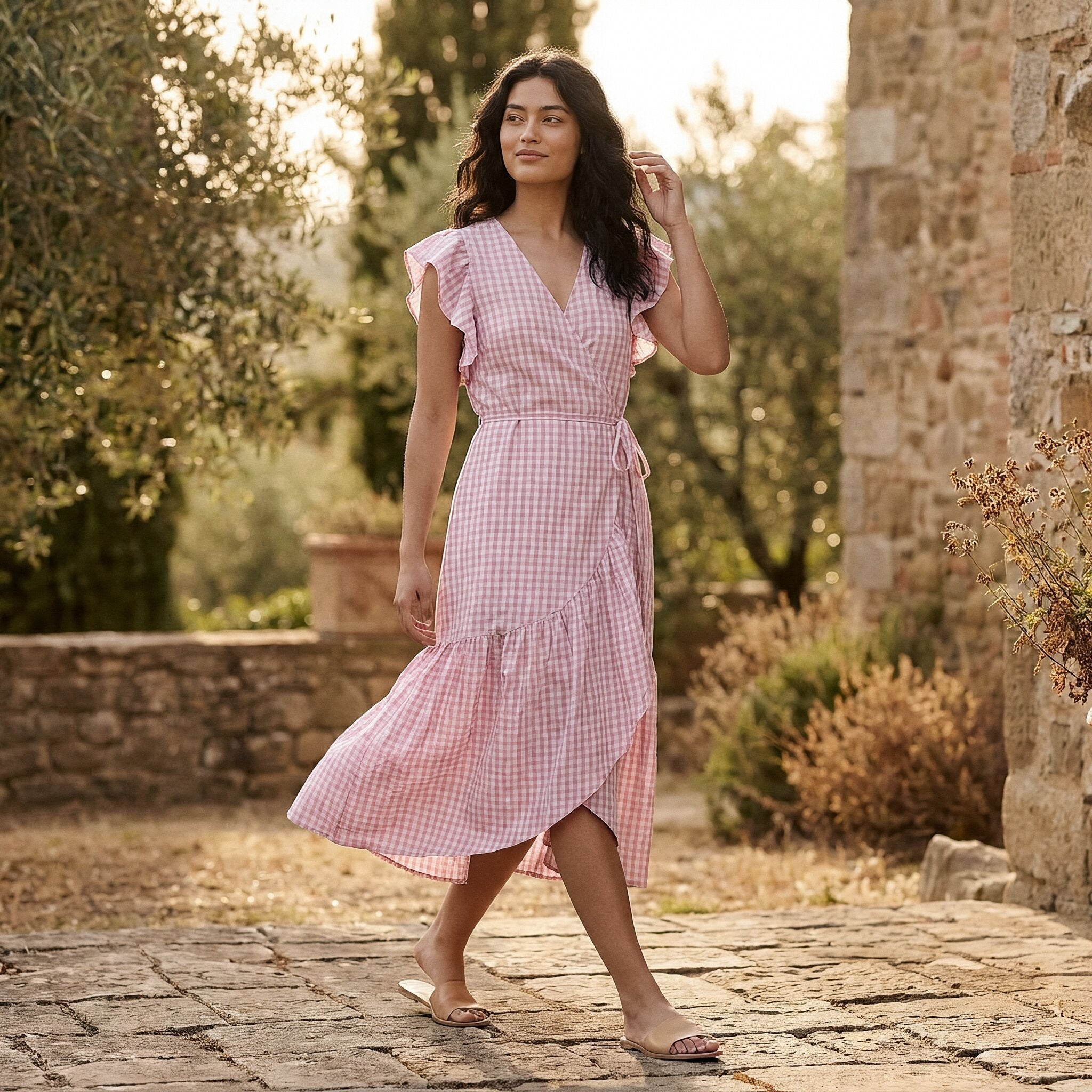 Pink Checks Block Print Cotton Ruffle Midi Wrap Dress