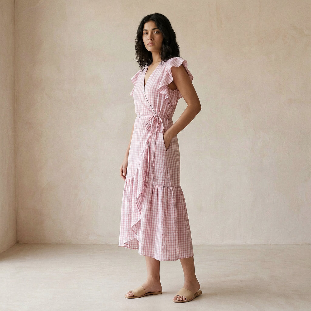 Pink Checks Block Print Cotton Ruffle Midi Wrap Dress