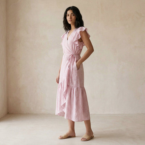 Pink Checks Block Print Cotton Ruffle Midi Wrap Dress