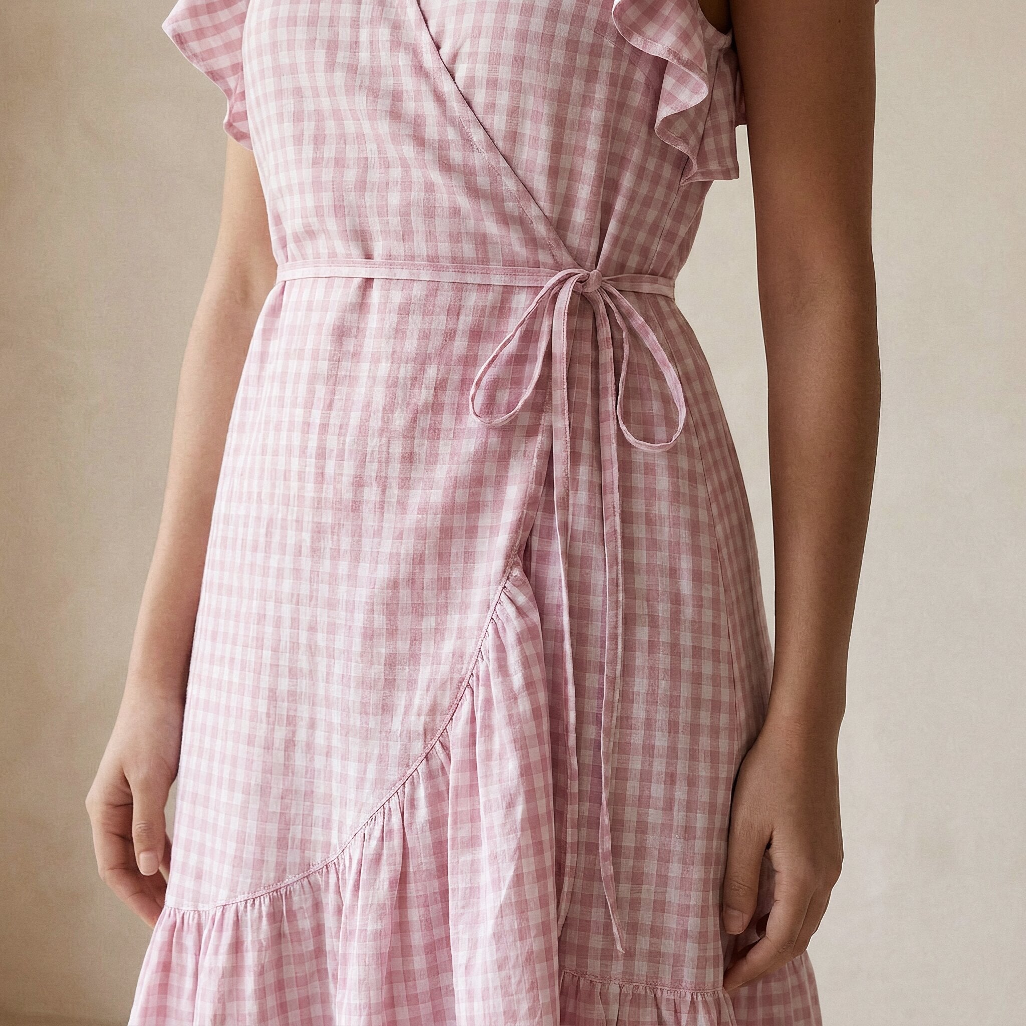 Pink Checks Block Print Cotton Ruffle Midi Wrap Dress