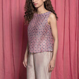 Front Detail of a Model wearing Pink Chanderi Hand Block Print Straight Top