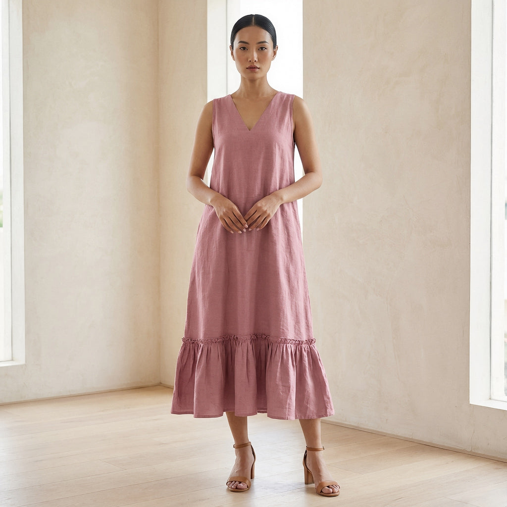 Pink Cotton Flax A-Line V-Neck Sleeveless Maxi Tier Dress