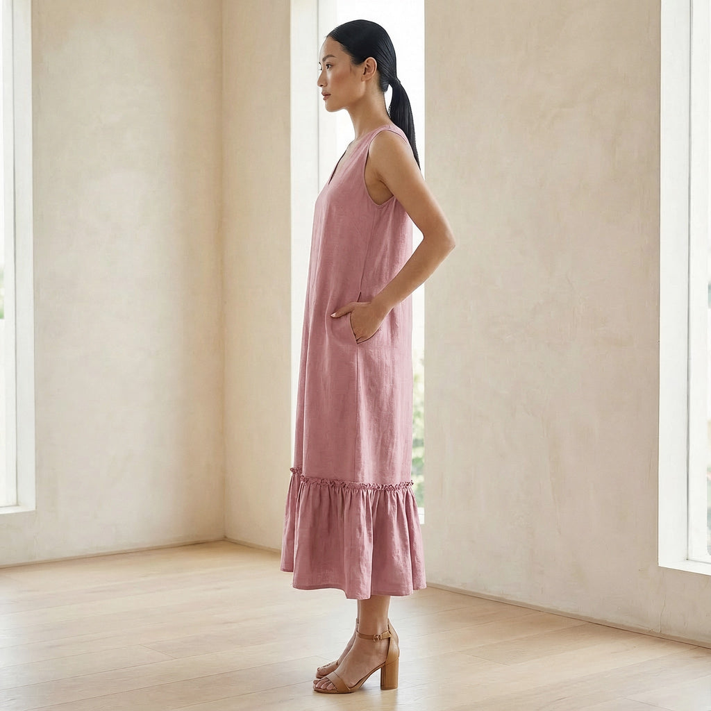 Pink Cotton Flax A-Line V-Neck Sleeveless Maxi Tier Dress
