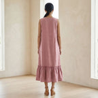 Pink Cotton Flax A-Line V-Neck Sleeveless Maxi Tier Dress