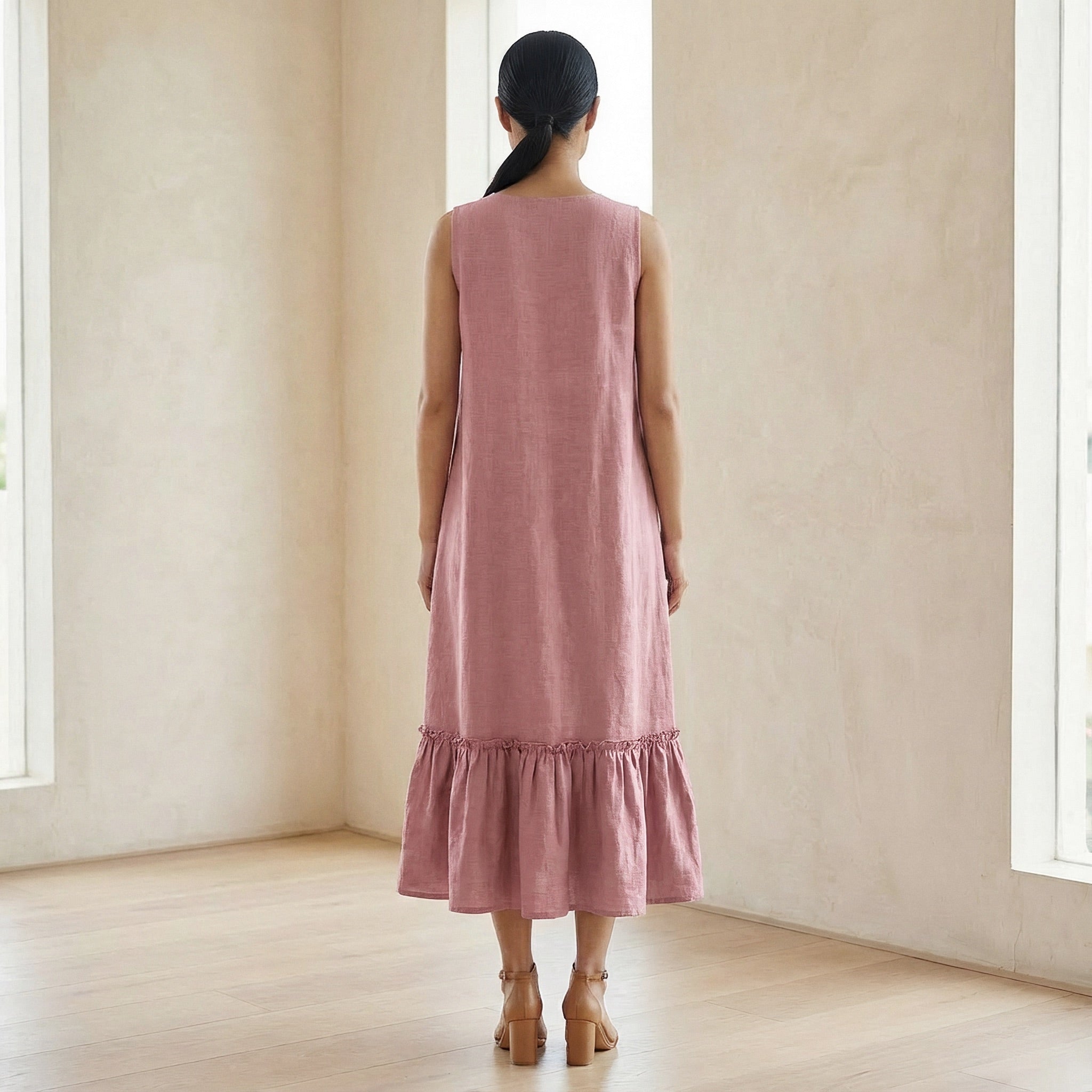 Pink Cotton Flax A-Line V-Neck Sleeveless Maxi Tier Dress