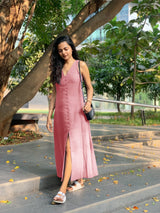 Pink Cotton Flax A-Line Front Slit Maxi Dress