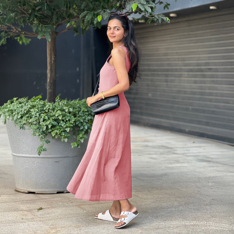 Pink Cotton Flax A-Line Front Slit Maxi Dress