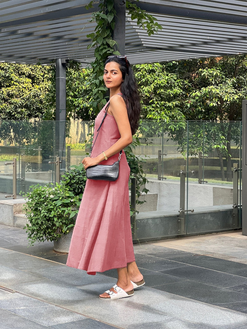 Pink Cotton Flax A-Line Front Slit Maxi Dress