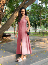 Pink Cotton Flax A-Line Front Slit Maxi Dress