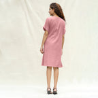 Pink Cotton Flax A-Line Knee Length Wrap Dress