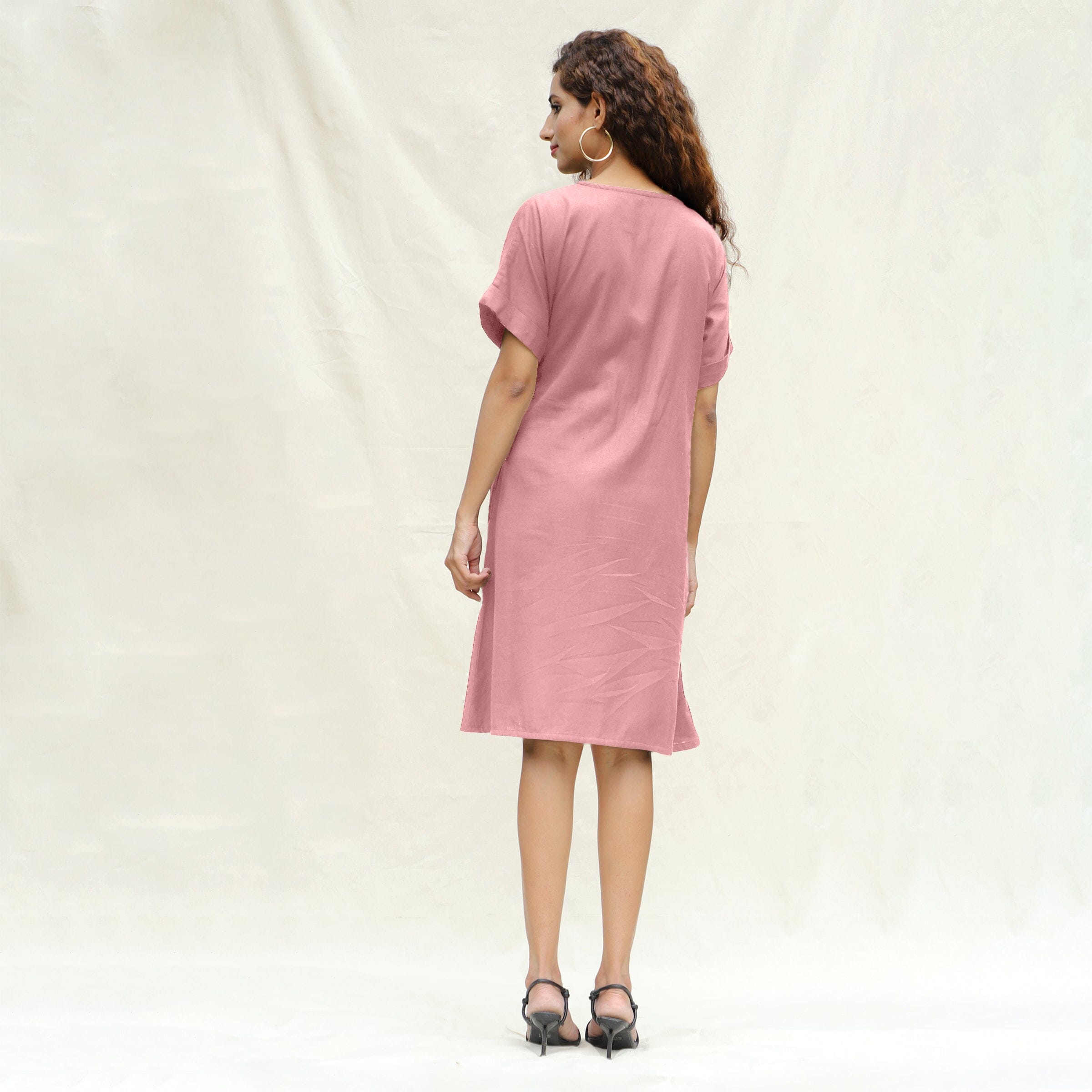 Pink Cotton Flax A-Line Knee Length Wrap Dress
