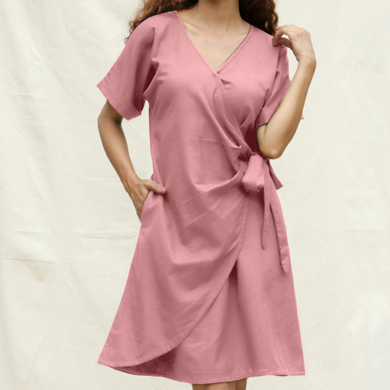 Pink Cotton Flax A-Line Knee Length Wrap Dress