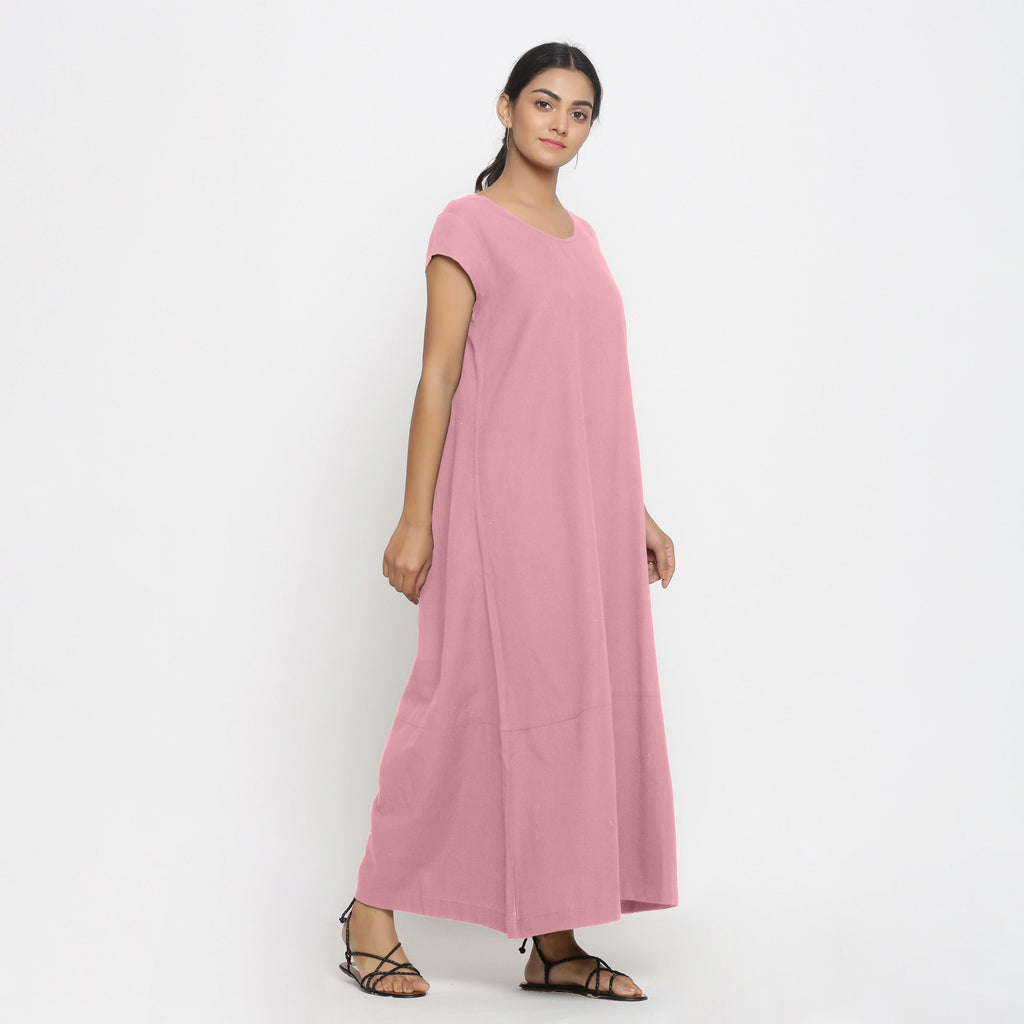 Right View of a Model wearing Pink Cotton Flax A-Line Paneled Dress