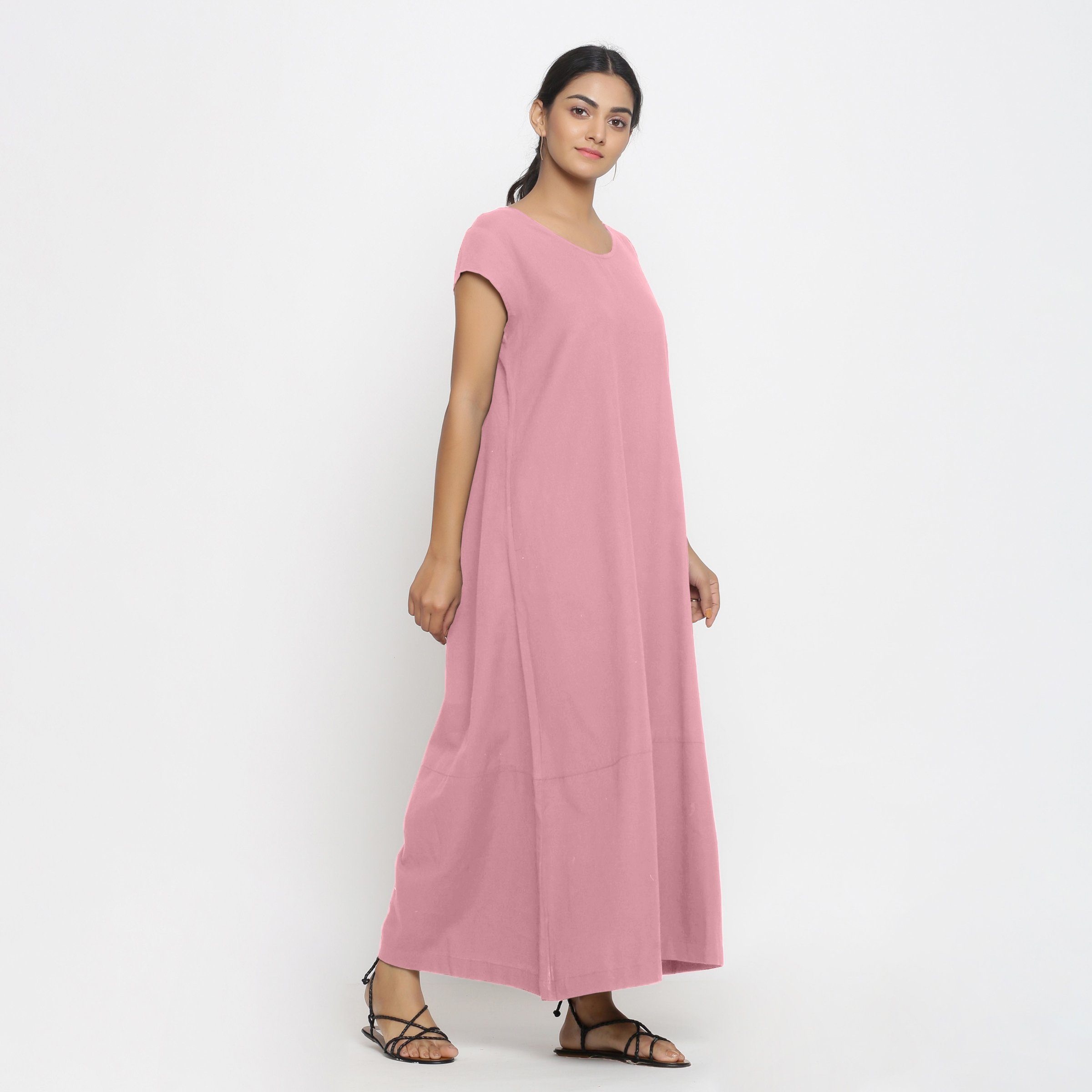 Right View of a Model wearing Pink Cotton Flax A-Line Paneled Dress