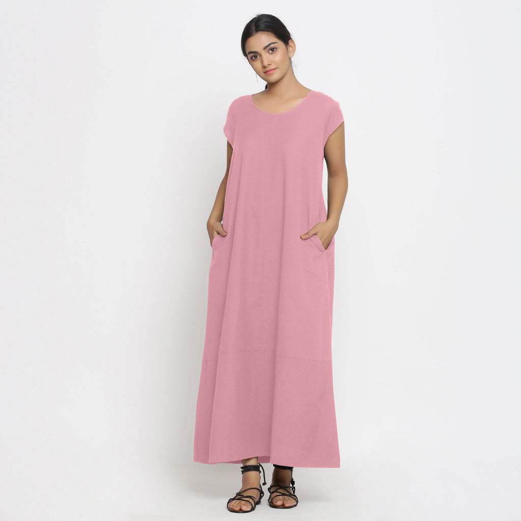 Front View of a Model wearing Pink Cotton Flax A-Line Paneled Dress